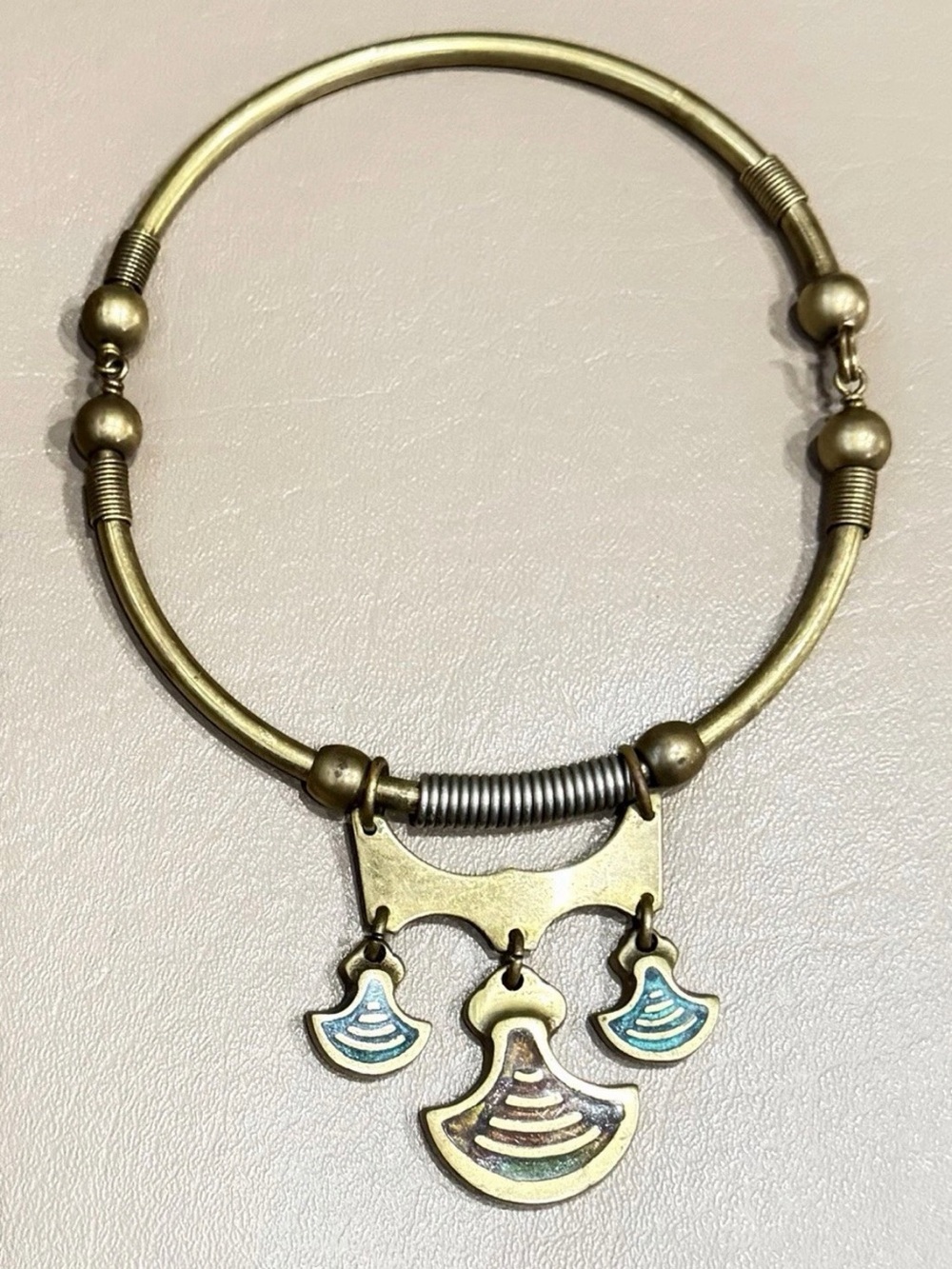 Artisan Brass-Tone Collar Necklace with Blue Enamel Fans